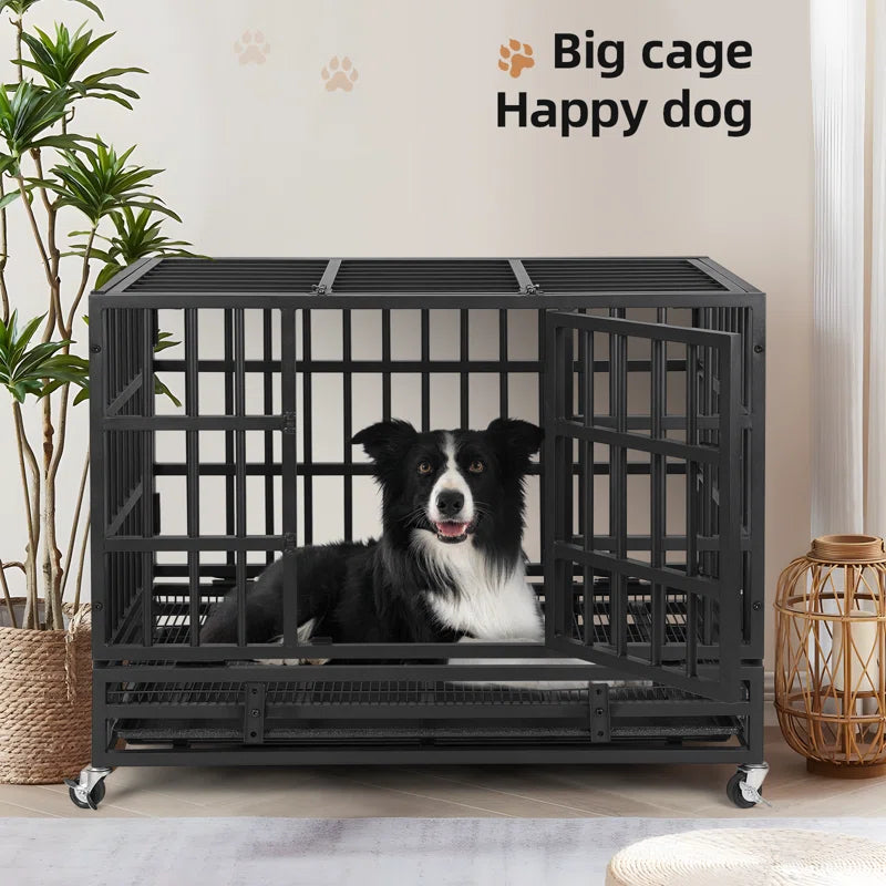 Heavy Duty Indestructible Dog Crate, Steel Escape Proof Dog Cage Kennel for High Anxiety Dogs, with Lockable Wheels and Removable Tray, for Medium Large Dogs