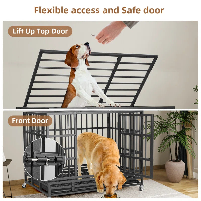Heavy Duty Indestructible Dog Crate, Steel Escape Proof Dog Cage Kennel for High Anxiety Dogs, with Lockable Wheels and Removable Tray, for Medium Large Dogs
