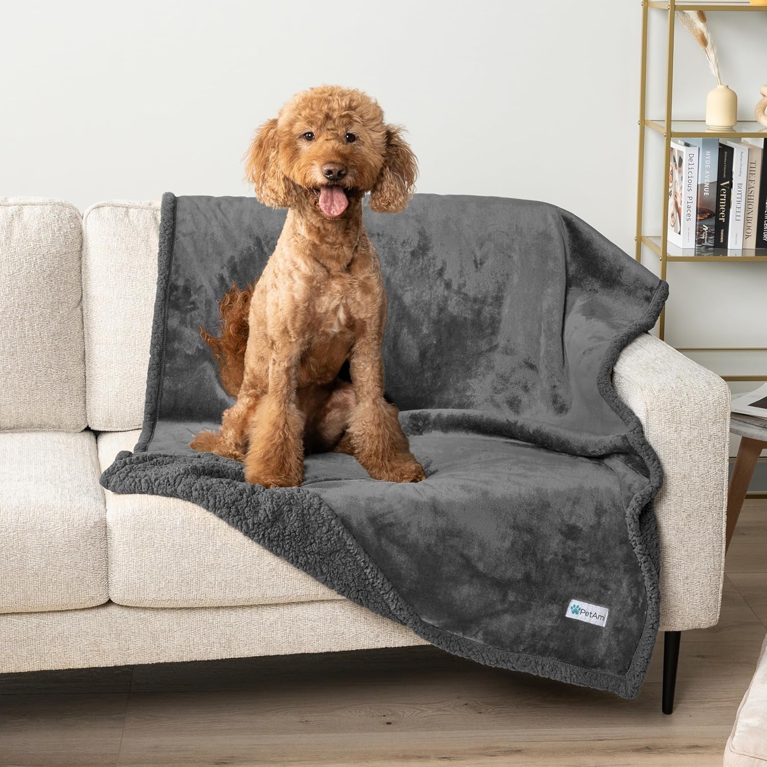 Waterproof Dog Blanket for Queen Bed Large XL Dog Throw for Couch Cover Leakproof Furniture Protection, Sherpa Fleece, Reversible Soft Washable 90X90 Gray Gray