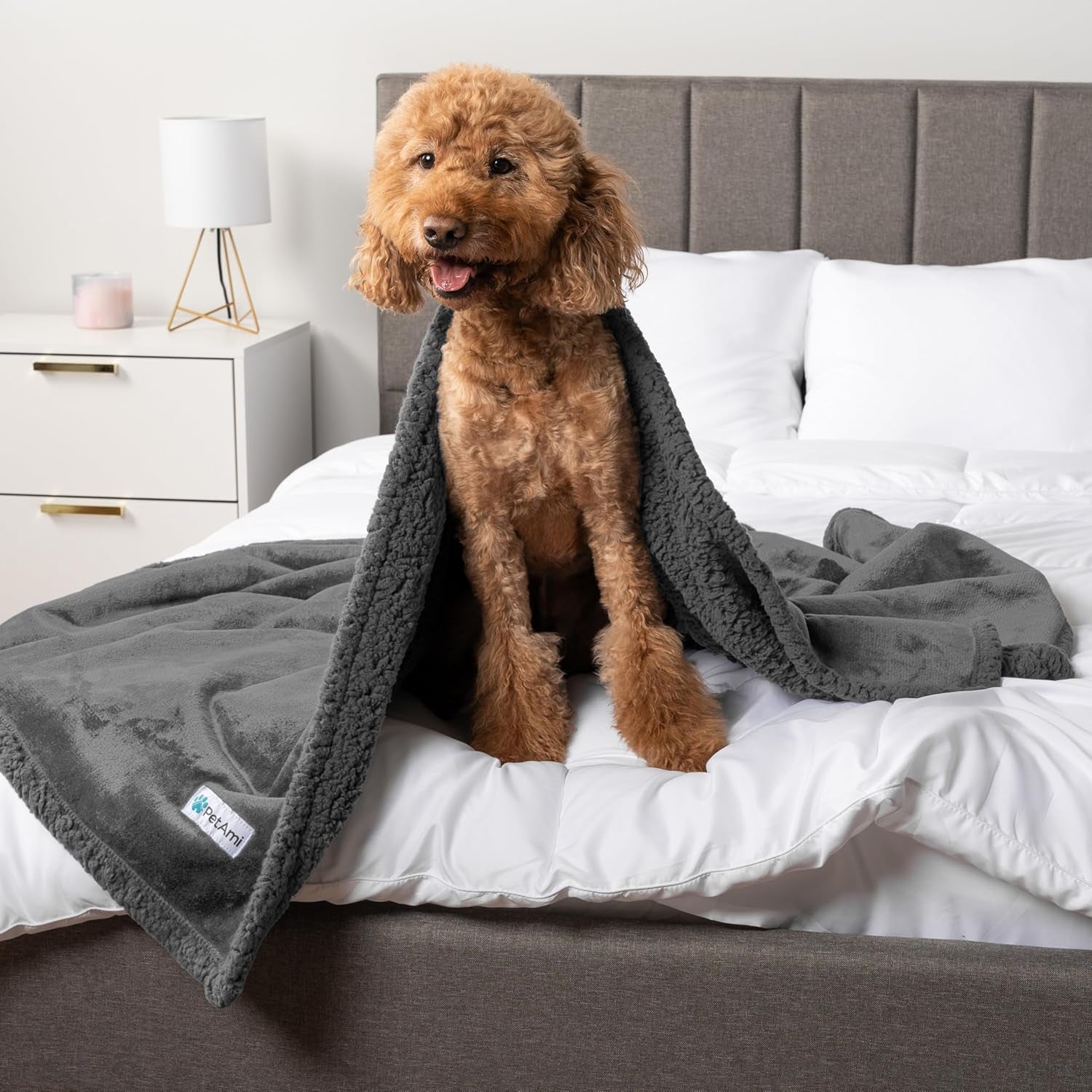 Waterproof Dog Blanket for Queen Bed Large XL Dog Throw for Couch Cover Leakproof Furniture Protection, Sherpa Fleece, Reversible Soft Washable 90X90 Gray Gray