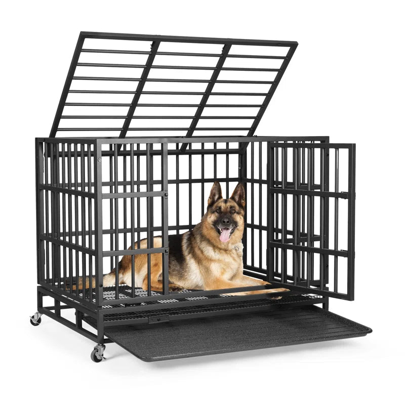 Heavy Duty Indestructible Dog Crate, Steel Escape Proof Dog Cage Kennel for High Anxiety Dogs, with Lockable Wheels and Removable Tray, for Medium Large Dogs