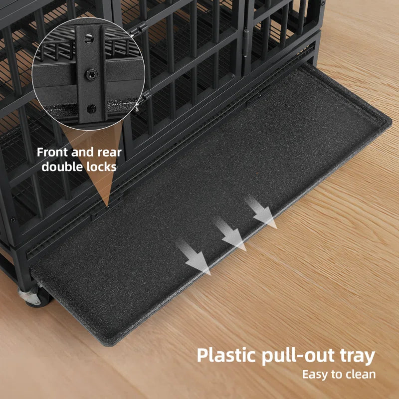 Heavy Duty Indestructible Dog Crate, Steel Escape Proof Dog Cage Kennel for High Anxiety Dogs, with Lockable Wheels and Removable Tray, for Medium Large Dogs