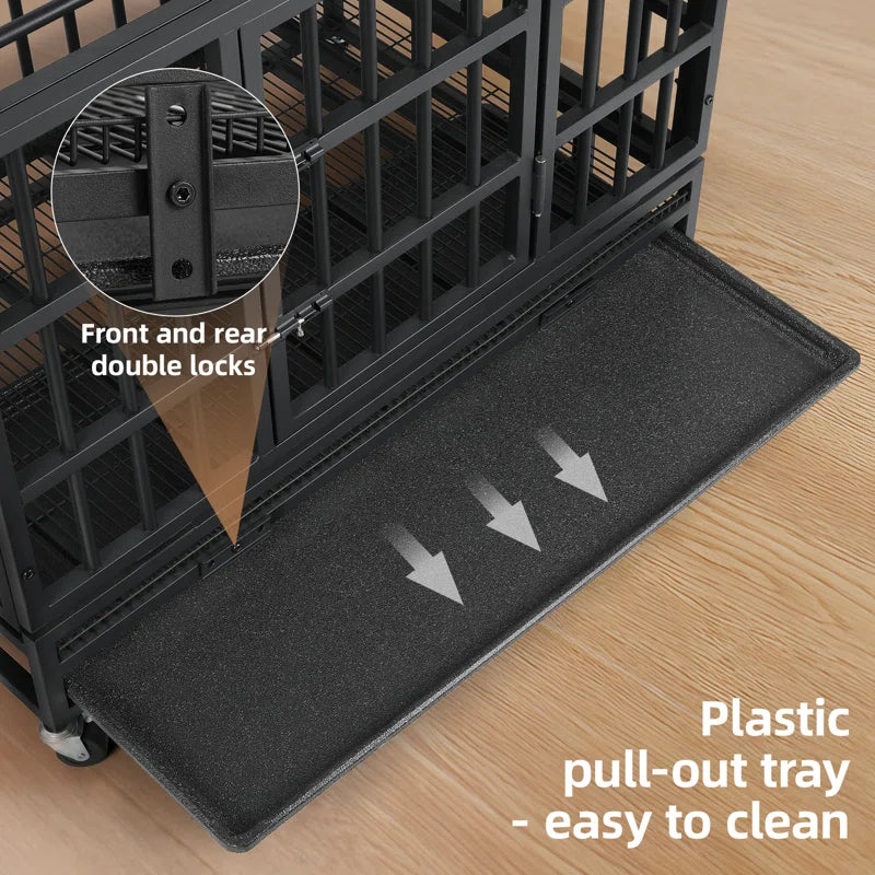 Heavy Duty Indestructible Dog Crate, Steel Escape Proof Dog Cage Kennel for High Anxiety Dogs, with Lockable Wheels and Removable Tray, for Medium Large Dogs