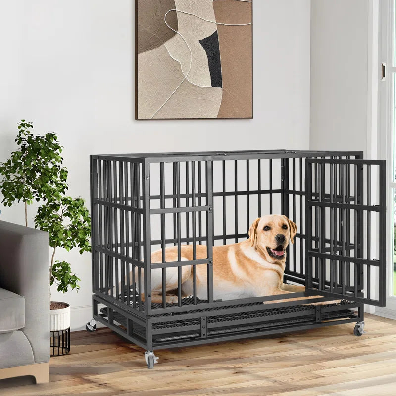 Heavy Duty Indestructible Dog Crate, Steel Escape Proof Dog Cage Kennel for High Anxiety Dogs, with Lockable Wheels and Removable Tray, for Medium Large Dogs