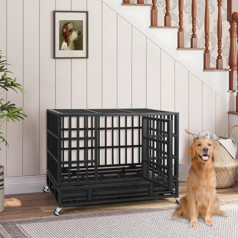 Heavy Duty Indestructible Dog Crate, Steel Escape Proof Dog Cage Kennel for High Anxiety Dogs, with Lockable Wheels and Removable Tray, for Medium Large Dogs