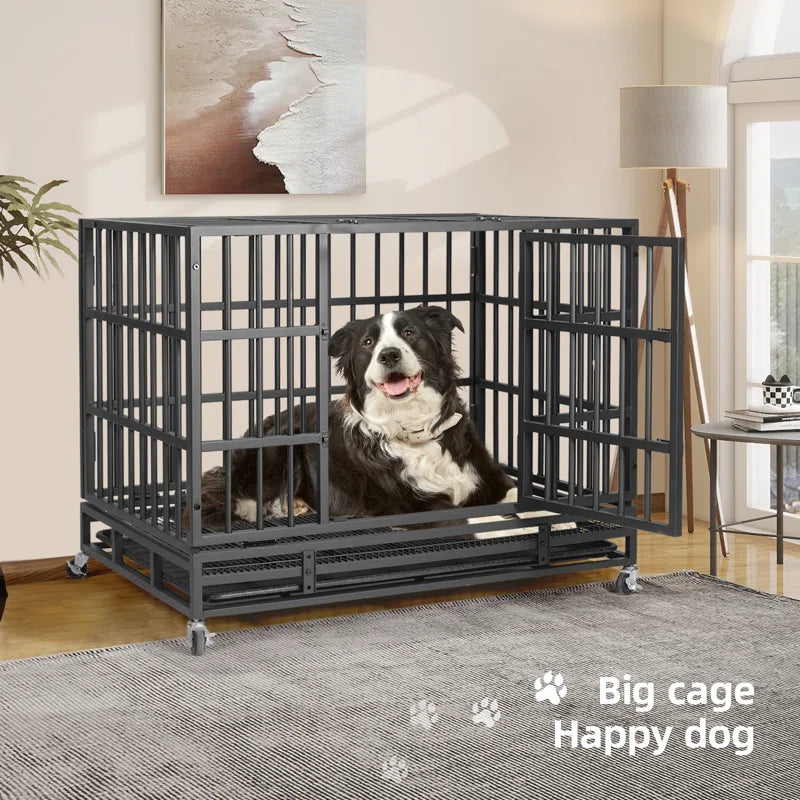Heavy Duty Indestructible Dog Crate, Steel Escape Proof Dog Cage Kennel for High Anxiety Dogs, with Lockable Wheels and Removable Tray, for Medium Large Dogs
