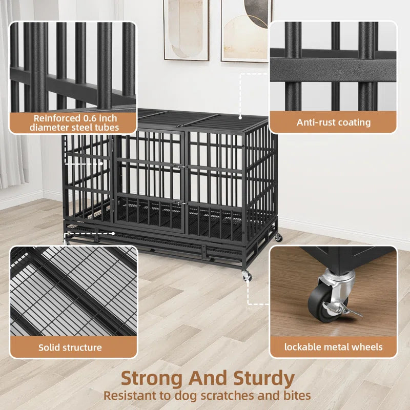 Heavy Duty Indestructible Dog Crate, Steel Escape Proof Dog Cage Kennel for High Anxiety Dogs, with Lockable Wheels and Removable Tray, for Medium Large Dogs