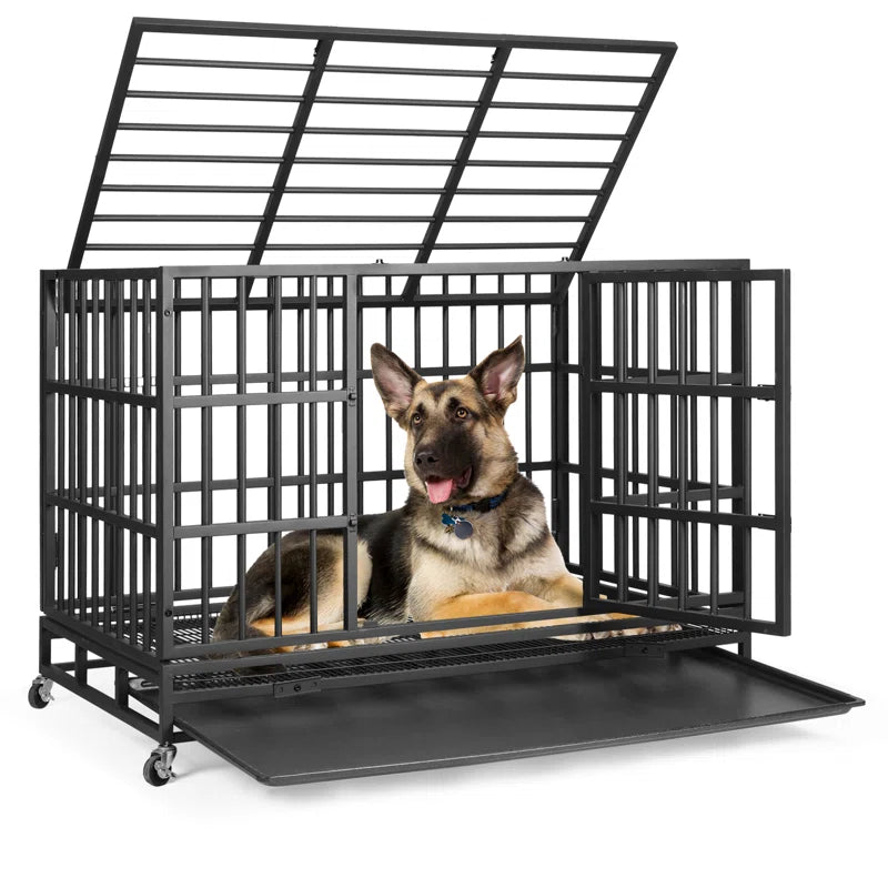 Heavy Duty Indestructible Dog Crate, Steel Escape Proof Dog Cage Kennel for High Anxiety Dogs, with Lockable Wheels and Removable Tray, for Medium Large Dogs