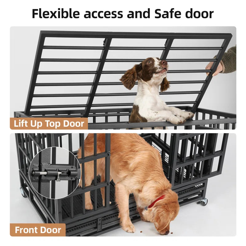 Heavy Duty Indestructible Dog Crate, Steel Escape Proof Dog Cage Kennel for High Anxiety Dogs, with Lockable Wheels and Removable Tray, for Medium Large Dogs